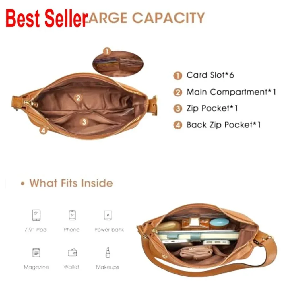 Top Layer Calfskin Leather Hobo Bag with Adjustable Strap and Multiple Pockets